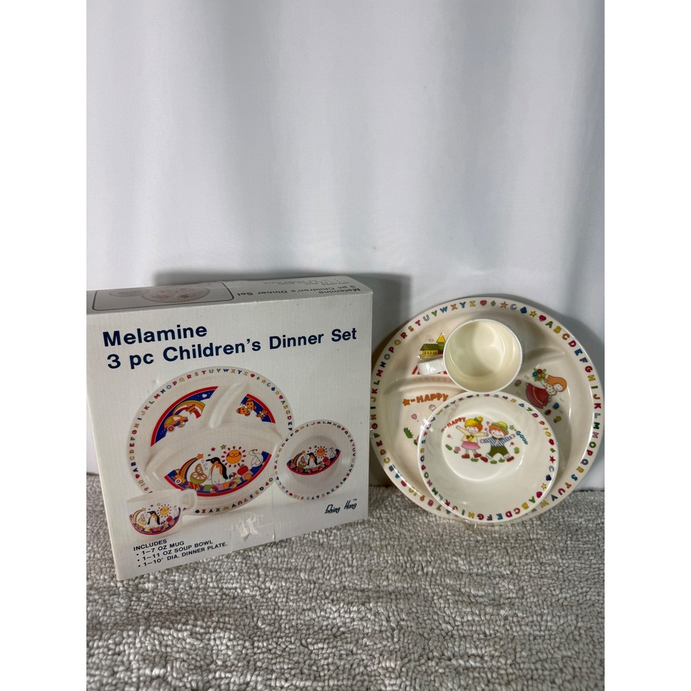 Vintage Melamine 3pc Childrens Dinner Set Alphabet Kids Plate Bowl Mug
